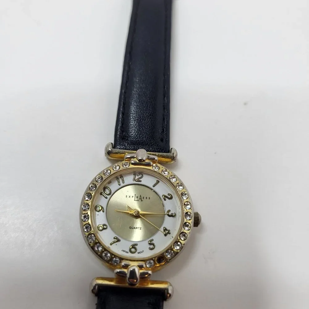 LA Express Watch Women Gold Stainless Steel Batt Black Leather‎ Band Quartz